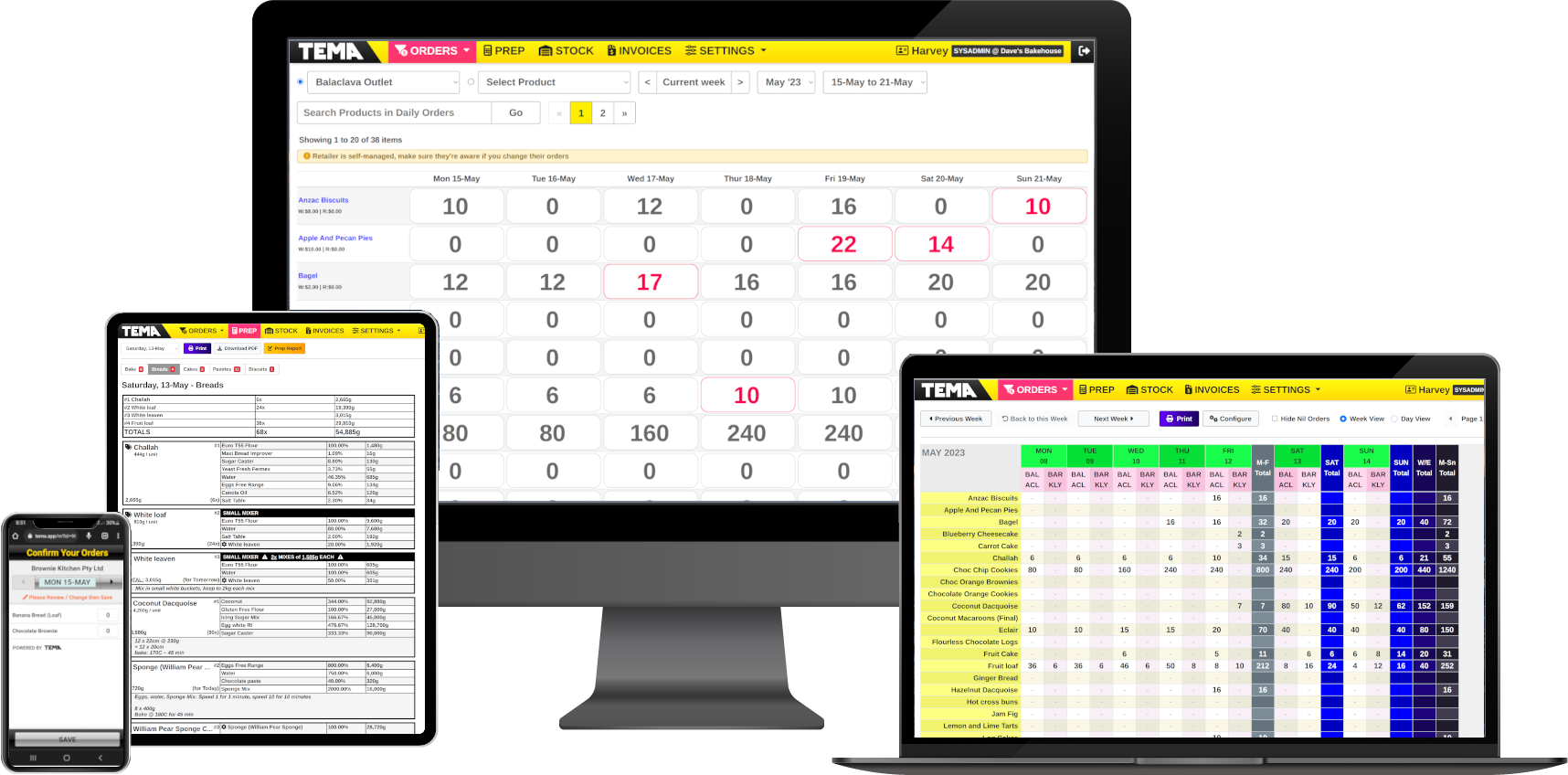 Various devices with the TEMA bakery app, including Desktop, Tablet, Mobile and Laptop